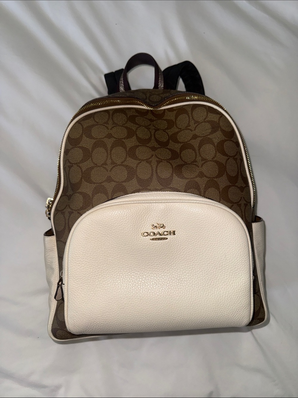 Coach Brown Signature Canvas Backpack with White Leather Pocket